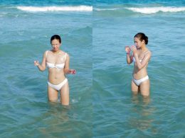 แป้ง อรจิรา กุลดิลก ใส่ชุดว่ายน้ำ บิกินี่ สีขาว เล่นน้ำทะเล